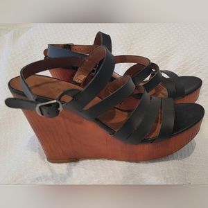 Lucky Brand Black Leather Wedge Sandals-Size 8M